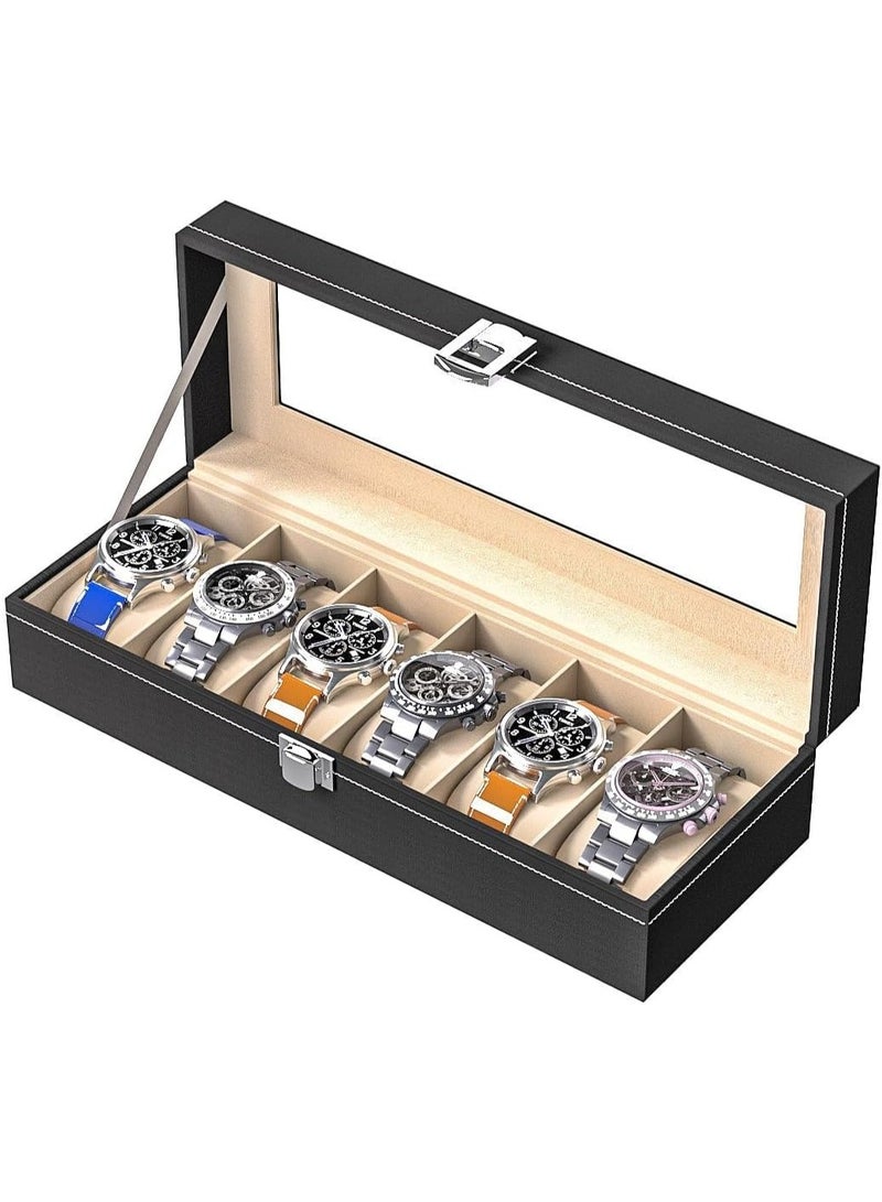Men's watch display case, leather watch organizer box, travel watch storage tray, watch collection storage holder for women (black leather, 6 slots) - Image 1