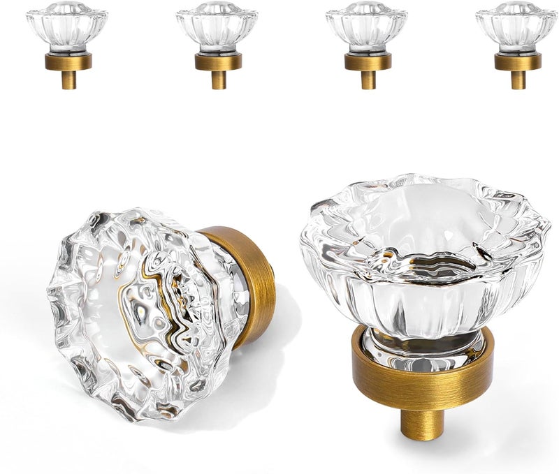 CEYMIO Vintage Cabinet Knobs Crystal Cabinets Knob 4 Pack, Antique Brass Small Pull Clear Crystal For Closet Dresser Drawers Cupboard Wardrobe, Solid Alloy Retro Pulls Single-Hole Old Fashioned Handle - Image 1