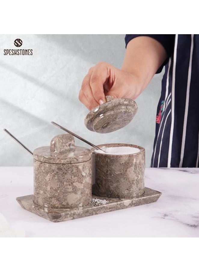RADICALn Marble Salt Cellar With Lid and tray 3'' Inches Oceanic Handmade Salt Storage Box with Lid - Salt Bowl, Sugar Container, Seasoning Container For Vintage Kitchen Decor  - Image 2