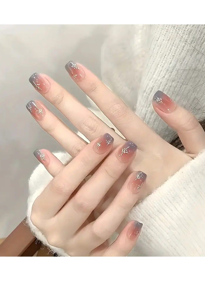 24 قطعة من أظافر صناعية قصيرة لامعة بتصميم متدرج وردي اللون على الطراز الفرنسي قابلة لإعادة الاستخدام للنساء - Image 1