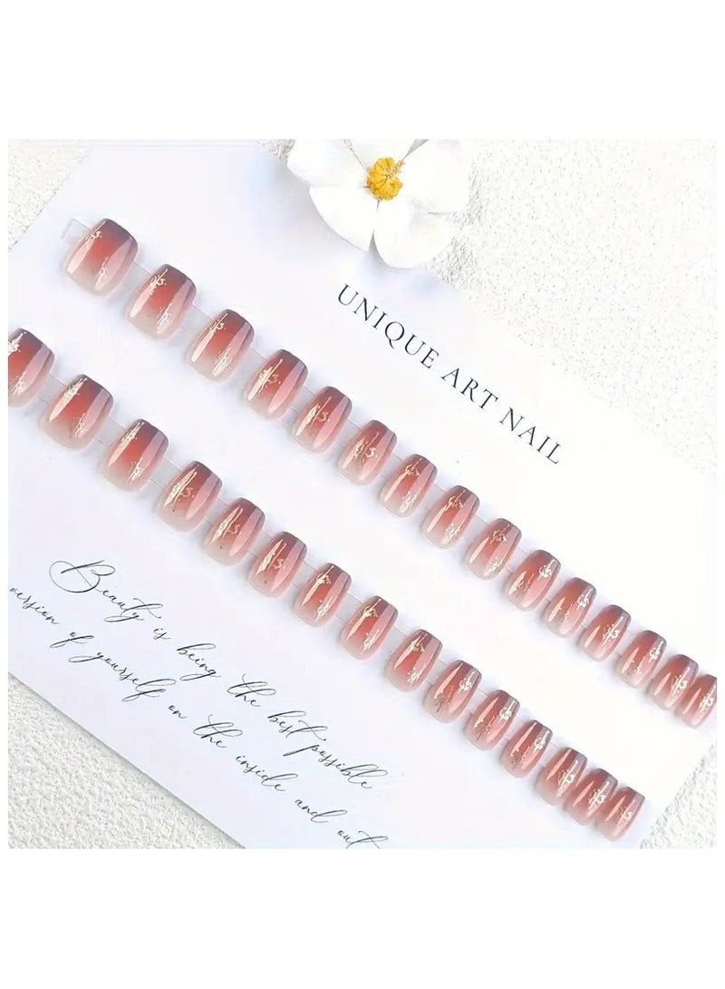 24 قطعة من أظافر صناعية قصيرة لامعة بتصميم متدرج وردي اللون على الطراز الفرنسي قابلة لإعادة الاستخدام للنساء - Image 5