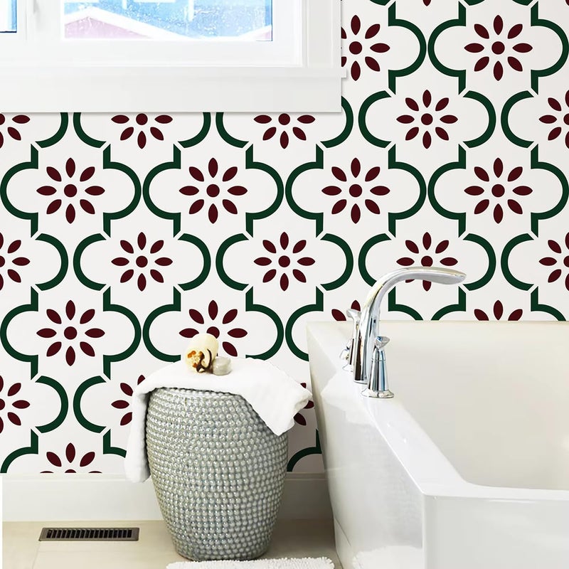 Nukofal Floral Peel and Stick Wallpaper Floral Contact Paper Modern 16.9inchx118.1inch Waterproof Red Green Wallpaper Self Adhesive Removable Contact Paper for Kitchen Bathroom Drawer Decorative - Image 2