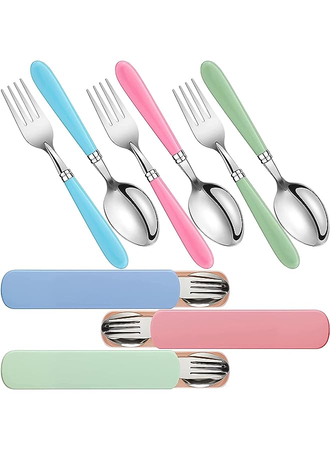 Kids Utensils Stainless Steel Fork and Spoon Set Child Stainless Steel Flatware Set with Silicone Round Handle Safe Cutlery Set with Travel Cases( 3 Sets )