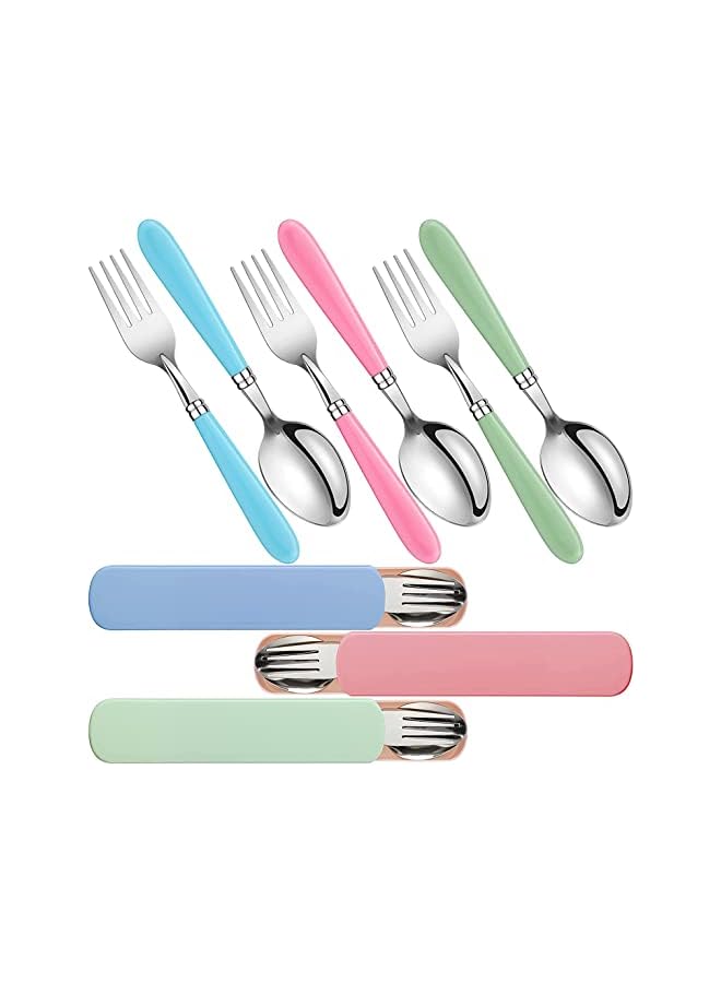 Kids Utensils Stainless Steel Fork and Spoon Set Child Stainless Steel Flatware Set with Silicone Round Handle Safe Cutlery Set with Travel Cases( 3 Sets )