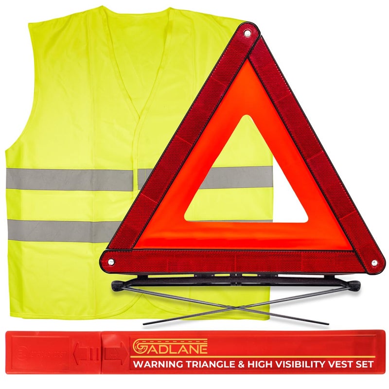 Generic GADLANE 2 In 1 Emergency Warning Triangle & Hi Vis Vest Kit Car Road Safety Reflective Ece R27 & High Visibility Vest European Travel Roadside Breakdown, European Driving Kit Breakdown Triangle Hi Vis  - Image 1