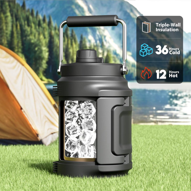 Meoky 64 oz Insulated Water Bottle for Gym: Meoky Triple Wall Vacuum Stainless Steel Half Gallon Water Jug - Top and Side Handles, 2-in-1 Straw and Spout Lid, Cold for 36 Hrs, Leak Proof for Camping (Night) - Image 2
