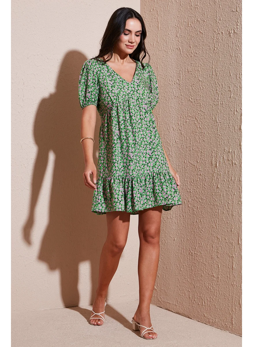 Lela Regular Fit V Neck Balloon Sleeve Patterned Mini Dress Women's Dress 67810045