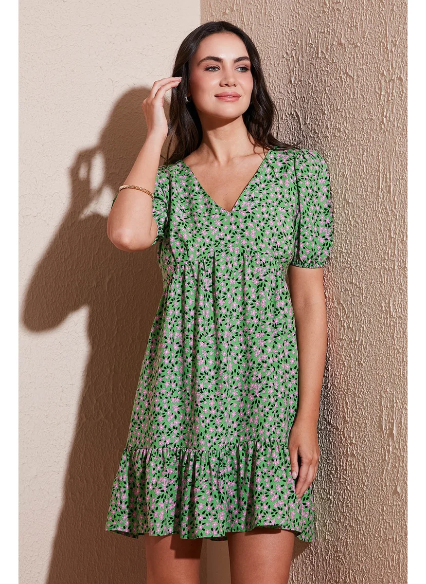 Lela Regular Fit V Neck Balloon Sleeve Patterned Mini Dress Women's Dress 67810045