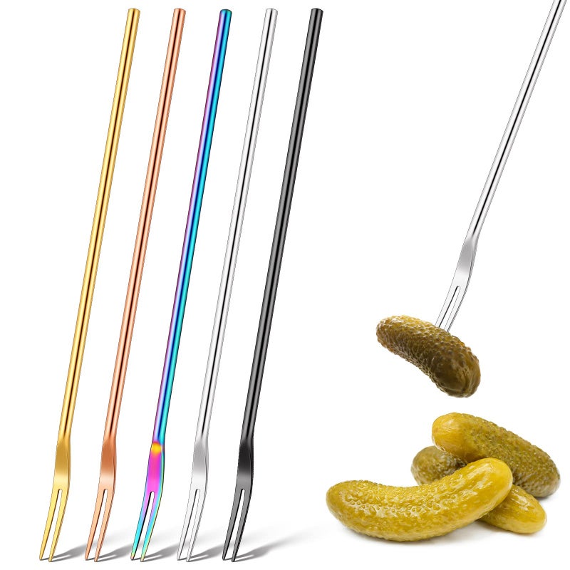 Yexiya 5 Pcs Pickle Fork 866 Inches Long Handle Olive Fork 304 Stainless Steel Pickle Picker Grabber Tool for Jar Cocktail Dessert Fruit 2 ProngMulticolor