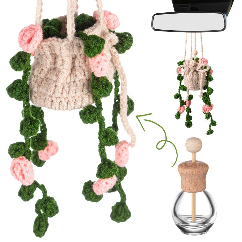DaisyInner Cute Crochet Plant Car Freshener 12ml Empty Refillable Diffuser Bottle with Plants Hanging Accessories for Ornaments Charms Rearview Mirror Home Office Decor Women GiftsFlower - Image 3