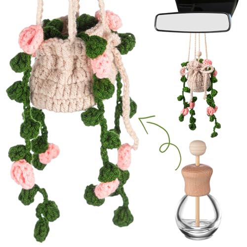 DaisyInner Cute Crochet Plant Car Freshener 12ml Empty Refillable Diffuser Bottle with Plants Hanging Accessories for Ornaments Charms Rearview Mirror Home Office Decor Women GiftsFlower - Image 1