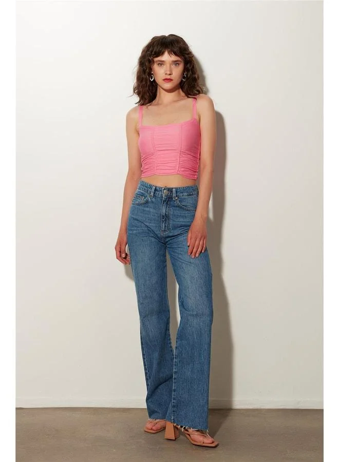 Sherin Pink Square Neck Ruched Knit Tank Top.