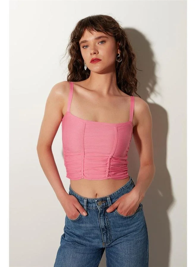 Sherin Pink Square Neck Ruched Knit Tank Top.