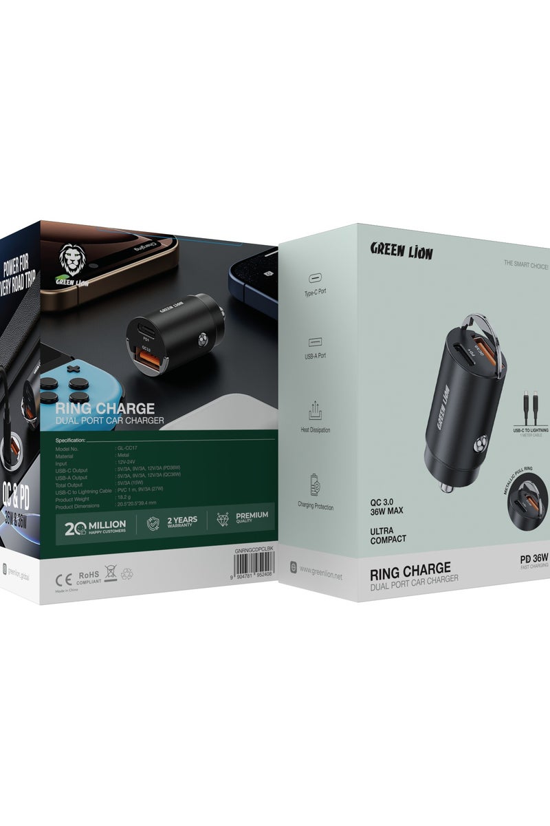 GREEN LION USB C Car Charger PD 36W, USB A QC 36W with USB C To USB L 1m Cable / Charging Protection / Heat Dissipation / Made for Phones (iPhone, Samsung, Xiaomi) and Tablets - Black - Image 2