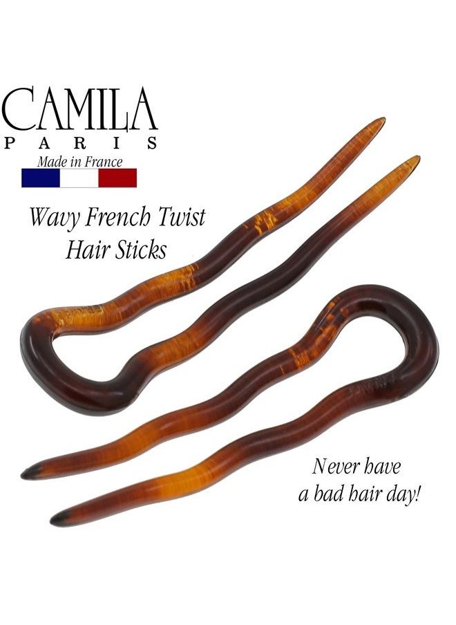 CAMILA - Paris AD823 French Twist Stick Hair Fork, 2 Small Wavy U Shaped Hair Pin Clip for Spiral Updo Bun, Tortoise Shell, Fashion Flexible Durable Styling Hair Accessories for Women, Made in France - Image 1