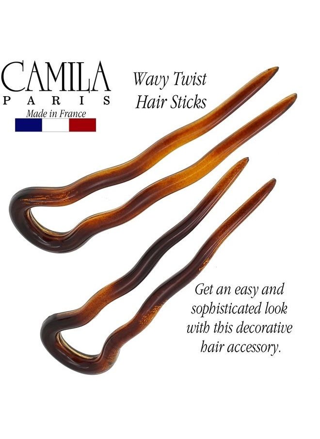 CAMILA - Paris AD823 French Twist Stick Hair Fork, 2 Small Wavy U Shaped Hair Pin Clip for Spiral Updo Bun, Tortoise Shell, Fashion Flexible Durable Styling Hair Accessories for Women, Made in France - Image 1
