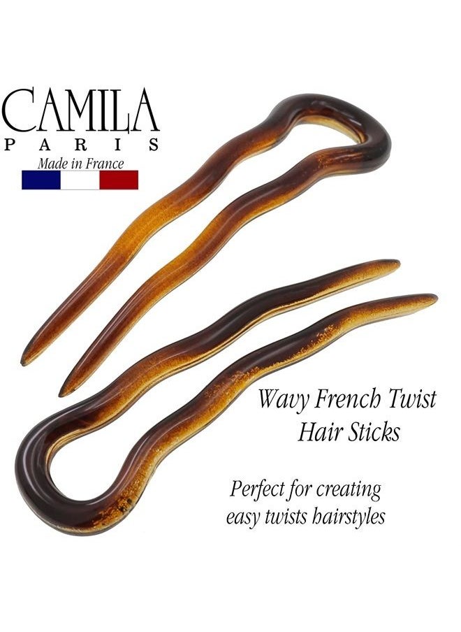 CAMILA - Paris AD823 French Twist Stick Hair Fork, 2 Small Wavy U Shaped Hair Pin Clip for Spiral Updo Bun, Tortoise Shell, Fashion Flexible Durable Styling Hair Accessories for Women, Made in France - Image 1