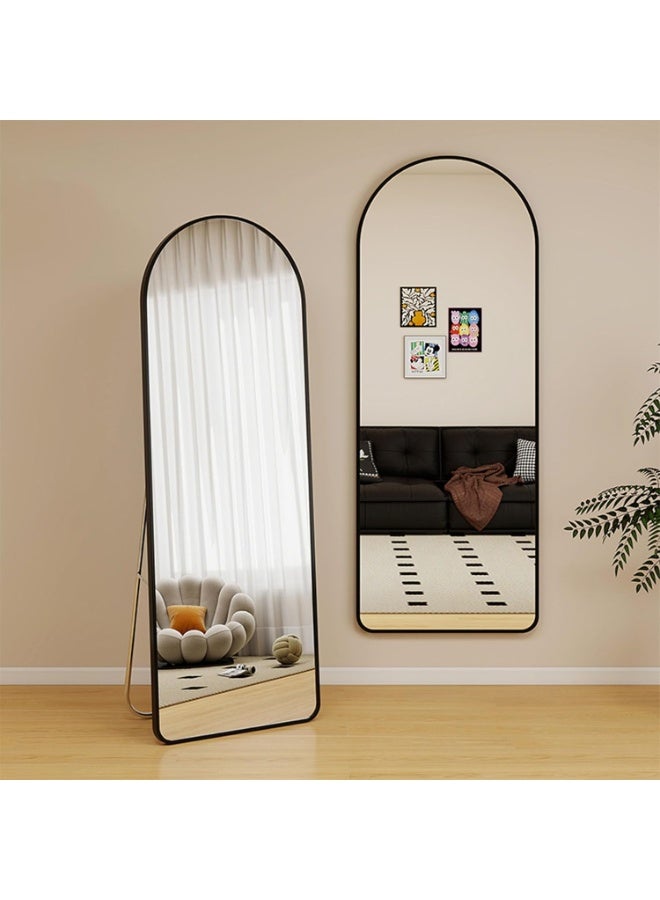 Arched Full Length Mirror 157x47cm with Rounded Corners – Aluminum Alloy Frame, Foldable Metal Stand & Hanging Teeth – Floor Standing & Wall Mounted for Bedroom, Dressing, Living Room - Black