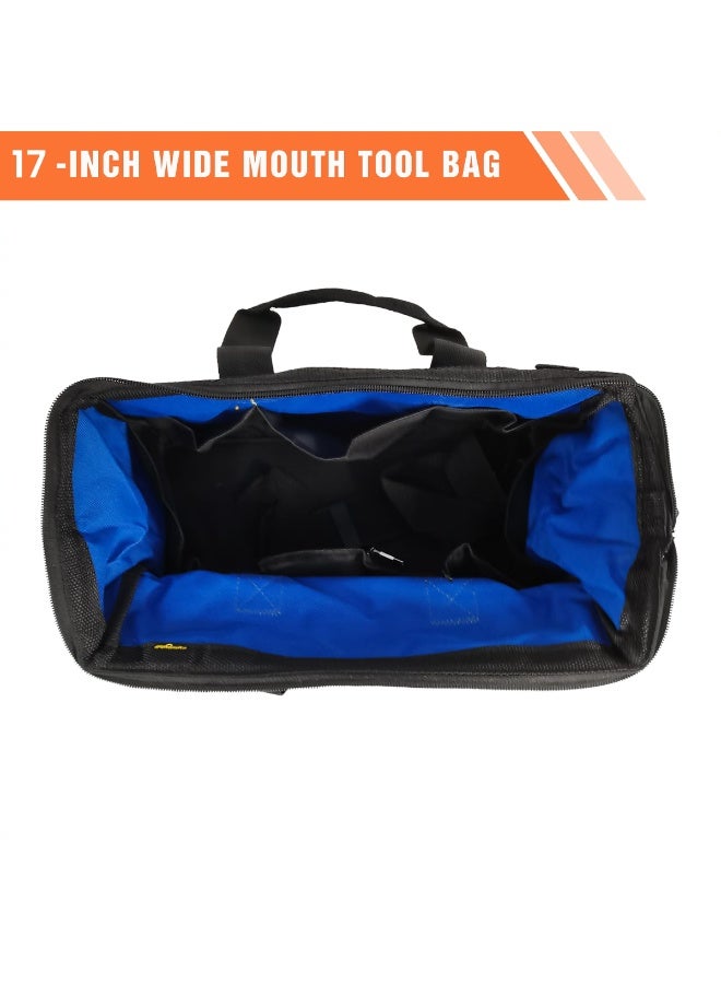 ZOJO 17 Inch Tool Bag with 16 Pockets, Heavy Duty Tool Storage Bag, Wide Mouth Electrician Tool Organizer, Reinforced Handle, Adjustable Shoulder Strap, Multi Pocket Tool Carry Bag for Home, Garage & Professional Use - Image 4