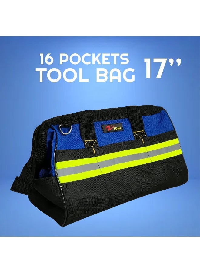 ZOJO 17 Inch Tool Bag with 16 Pockets, Heavy Duty Tool Storage Bag, Wide Mouth Electrician Tool Organizer, Reinforced Handle, Adjustable Shoulder Strap, Multi Pocket Tool Carry Bag for Home, Garage & Professional Use - Image 1