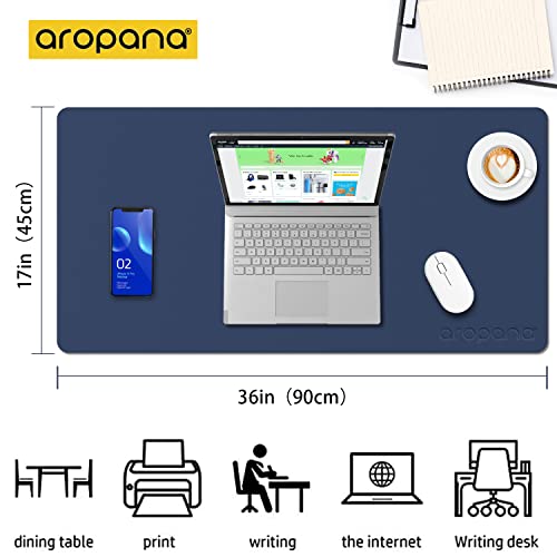 AROPANA Vegan Leather Desk Mat | Large Reversible Mouse Pad & Computer Table Protector | Dual-Side Waterproof Extended Laptop Pad with Edge-Stitched Design (90x45CM, Navy Blue and Yellow) - Image 3