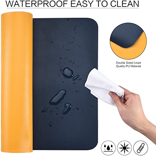 AROPANA Vegan Leather Desk Mat | Large Reversible Mouse Pad & Computer Table Protector | Dual-Side Waterproof Extended Laptop Pad with Edge-Stitched Design (90x45CM, Navy Blue and Yellow) - Image 5