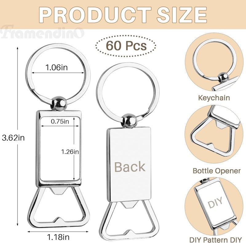 Framendino, Sublimation Blanks Keychains Metal Bottle Opener Transfer Rectangle Aluminum Keychain Key Rings, Silver, 60 Pack - Image 2