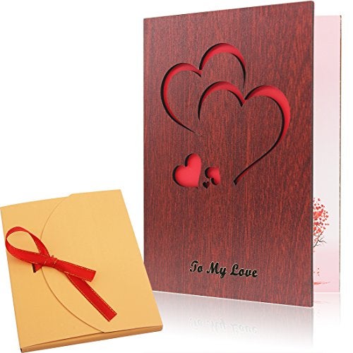 Creawoo Handmade Walnut Wood Love Greeting Card with Unique Gift Card Box The Best Valentine's Day, Anniversary Birthday Gift Idea Card for Her, Him, Wife, Husband - Image 1