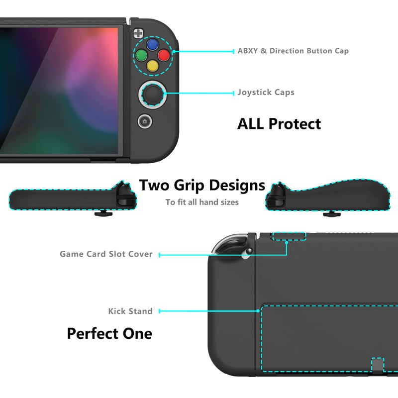 PlayVital AlterGrips Protective Slim Case for Nintendo Switch OLED, Ergonomic Grip Cover for Joycon, Dockable Hard Shell for Switch OLED w/Thumb Grip Caps & Button Caps - Black - Image 3