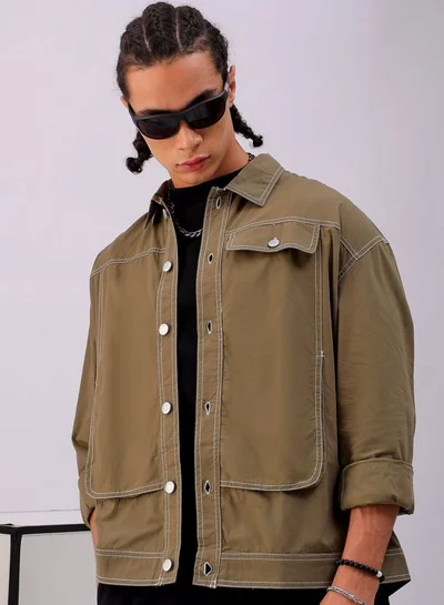 The Indian Garage Co Men Boxy Fit Solid Full Sleeves Cutaway Collar Double Flap Pocket Street Wear Shirt