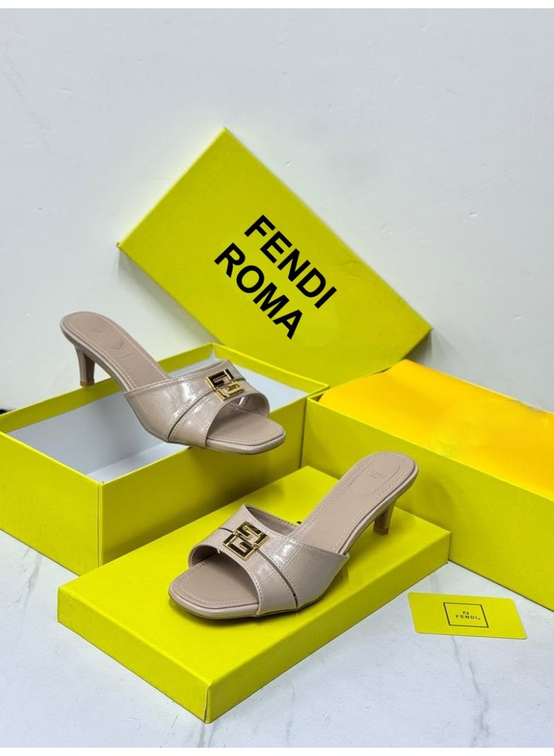 Fendi Roma Women's Logo Buckle Kitten Heel Mules, Nude