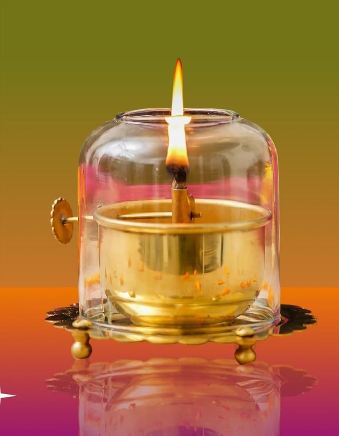 BRASS AKHAND JOYTI DIYAADJUSTABLE BATI LIFTING SCREW WICK HOLDER AND GORILLA BOROSILICATE GLASS COVERLID FOR JYOTI LIGHTINGFOR NAVRATRI CELEBRATIONS SIZE 55 X 525 LARGE