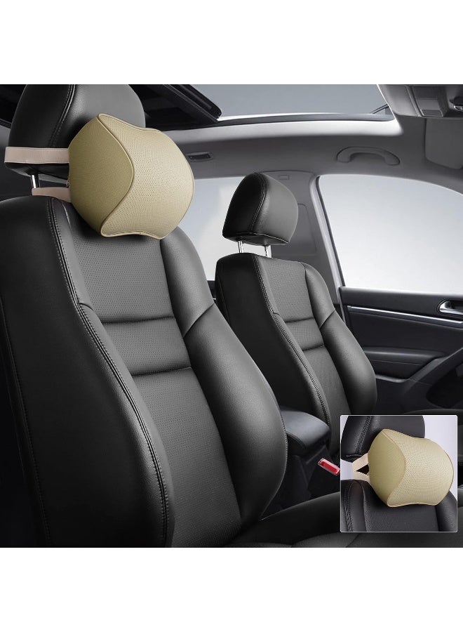 Aukee Memory Foam Car Neck Pillow Soft Leather Headrest for Driving Home Office Beige (1PC) - Image 2