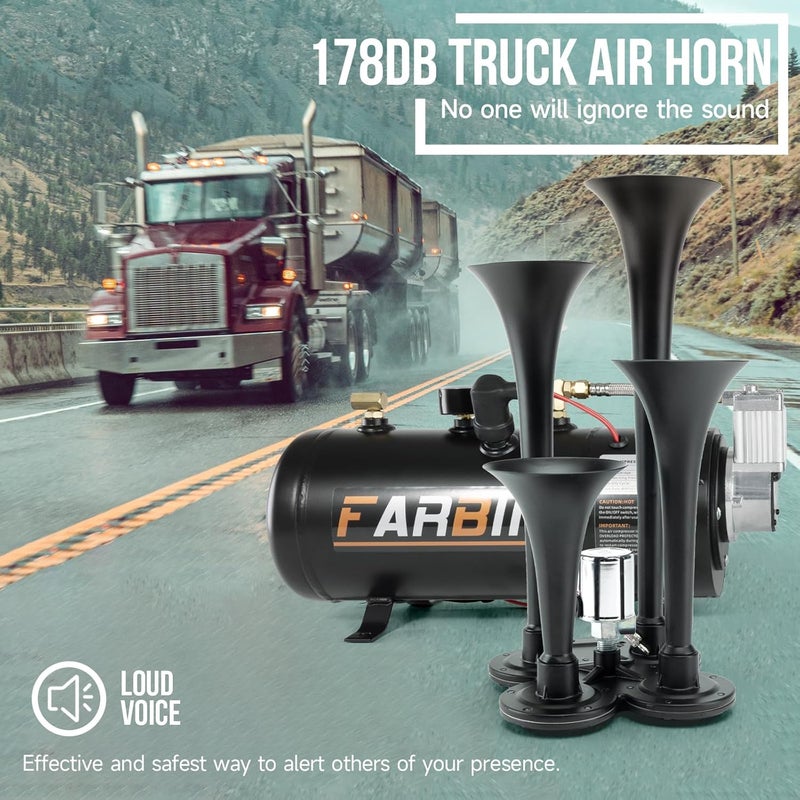 FARBIN مجموعة بوق القطار FARBIN 178DB 4 بوق مع ضاغط هواء 150 PSI 12V للشاحنة، جيب، SUV، والقطار - Image 2