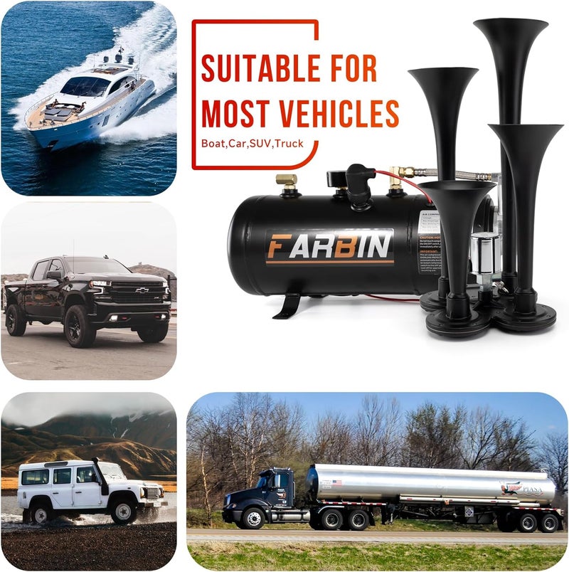 FARBIN مجموعة بوق القطار FARBIN 178DB 4 بوق مع ضاغط هواء 150 PSI 12V للشاحنة، جيب، SUV، والقطار - Image 3