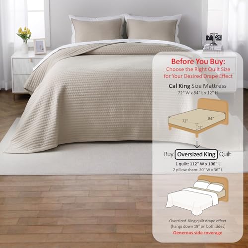 DAWNDIOR Max Oversized California King Quilt Set – 112"x106"Soft Washed Lightweight Bedspread,Multi-Lock Quilting,Minimalist Nordic Bedding, Spring & Summer Quilt Set (1 Quilt + 2 Pillow Shams), Oatmeal - Image 3
