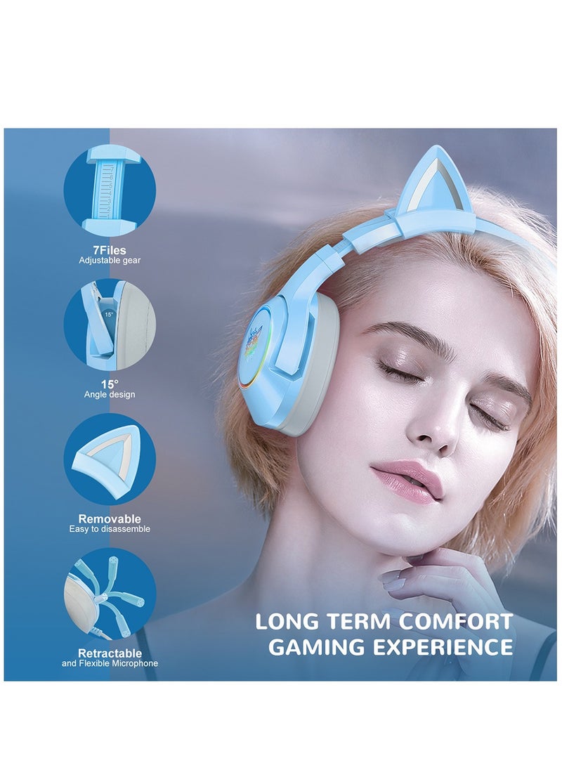 onikuma - ONIKUMA K9 Blue Cat Ear Headset Noise Reduction Headphone RGB Luminous Adjustable Gaming Headset with Mic for Xbox one for PS4/PS VISTA PC Elite Stereo Gaming Headset - Image 1