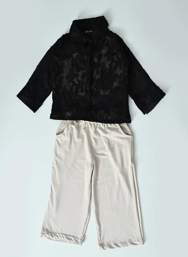BELLA MODA BELLA MODA Mesh Insert Shirt with Long Sleeves and Trousers Co-Ords Set