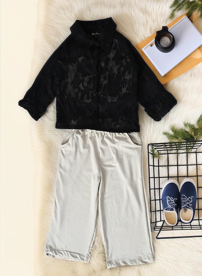 BELLA MODA Mesh Insert Shirt with Long Sleeves and Trousers Co-Ords Set - Image 1