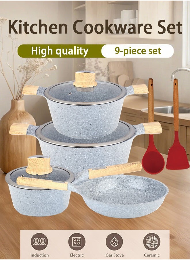 BMN 9-piece Non-stick Cookware Set, Granite Coated Non-stick Kitchen Cooking Set, Pfoa-free Kitchen Item, Durable Handles, Suitable For All Stoves (Gas, Electric And Induction), Gray  - Image 1