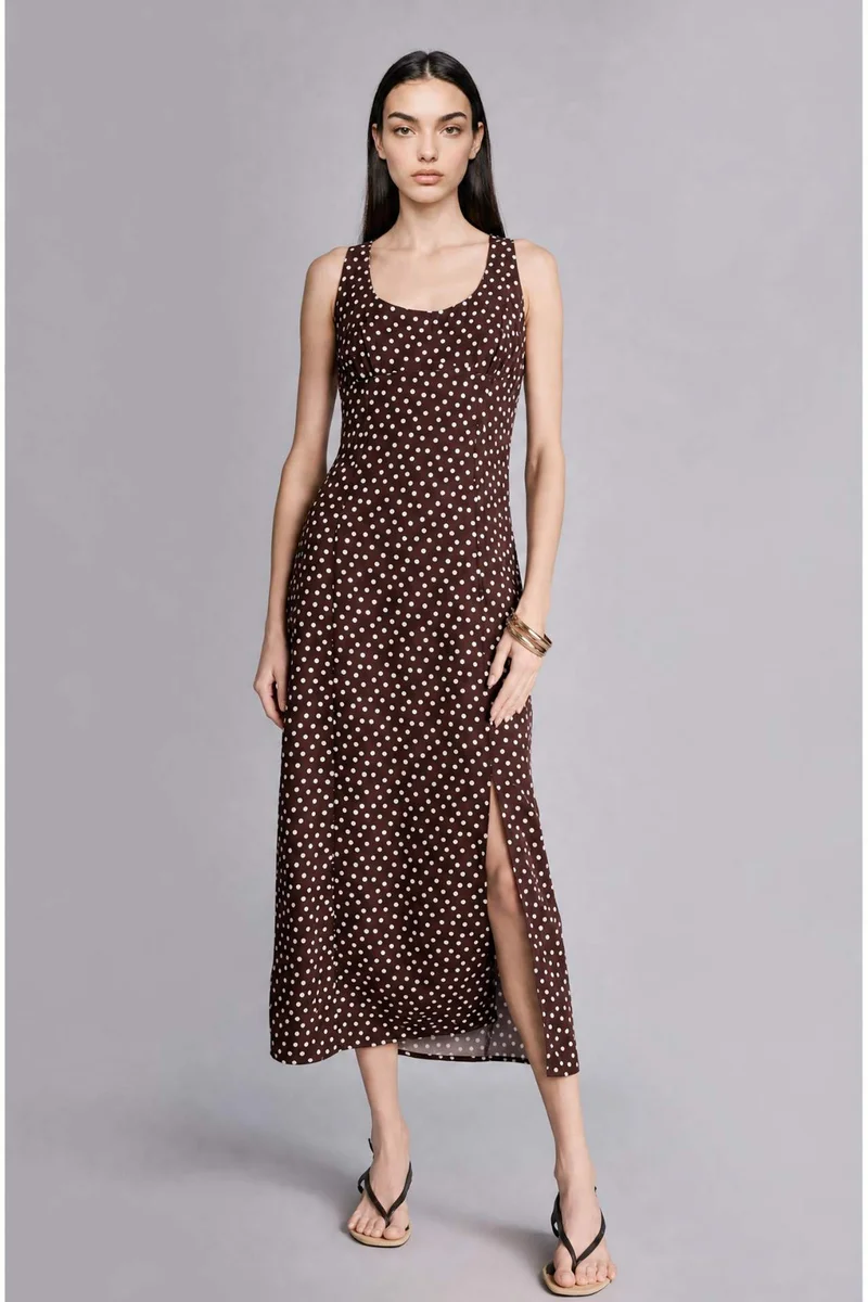 ديفاكتو Regular Fit Polka Dot Linen Blend Strappy Midi Dress