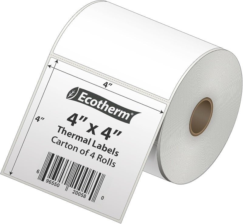 Ecotherm 4" x 4" Thermal Labels | 4 Rolls | 1508 Labels | fits Zebra, Munbyn, Rollo, Godex, Arkscan, iDPRT, Offnova Thermal Label Printers and More | Blank White Adhesive Stickers by - Image 2