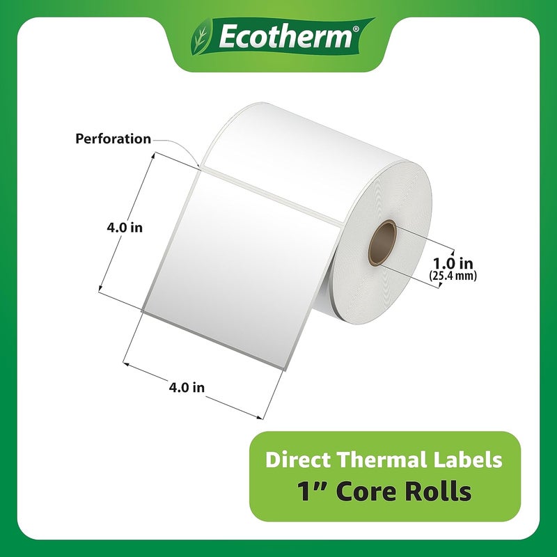 Ecotherm 4" x 4" Thermal Labels | 4 Rolls | 1508 Labels | fits Zebra, Munbyn, Rollo, Godex, Arkscan, iDPRT, Offnova Thermal Label Printers and More | Blank White Adhesive Stickers by - Image 3