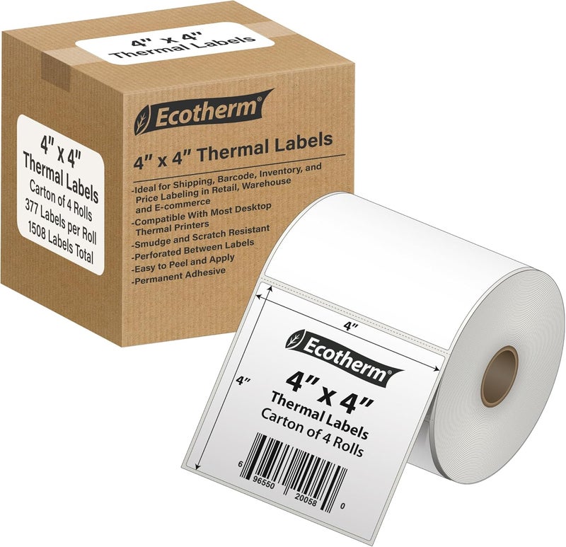 Ecotherm 4" x 4" Thermal Labels | 4 Rolls | 1508 Labels | fits Zebra, Munbyn, Rollo, Godex, Arkscan, iDPRT, Offnova Thermal Label Printers and More | Blank White Adhesive Stickers by - Image 1