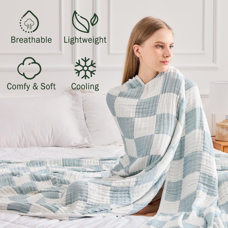 EMME Checkered Cotton Blanket Queen Size for Bed Soft Large Muslin Bamboo Bed Blankets 80"x90" Lightweight Breathable All Season Gauze, Teal - Image 4
