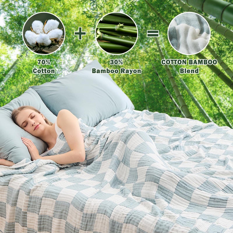 EMME Checkered Cotton Blanket Queen Size for Bed Soft Large Muslin Bamboo Bed Blankets 80"x90" Lightweight Breathable All Season Gauze, Teal - Image 2
