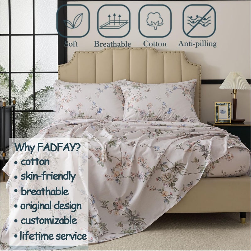 FADFAY Queen Size Sheets Set â€“ 4 Pieces Percale Cotton Deep Pocket Fitted Sheet, Crisp, Breathable & Soft, Country Style Floral & Butterfly Pattern Bedding for All Seasons - Image 3