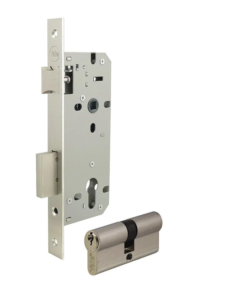 Yale Mortice Sash Lock Set, 64 mm Case, Silver Finish, Key + Key (K+K) Locking with a Cylinder from Both Sides, Combines Latch and Deadbolt in One Case, Morticed into the Edge of Wooden Doors
