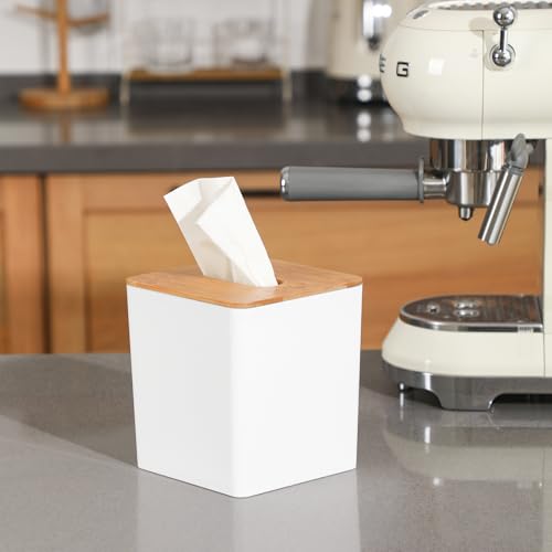 Sunkaioo Tissue Box Cover Square,Tissue Box Holder with Bamboo Lid,Tissue Dryer Sheet Holder for Modern Farmhouse Boho Decor,1 Pack,(White) - Image 4
