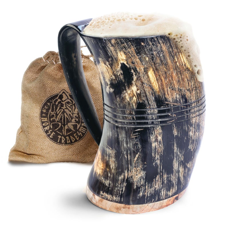 Norse Tradesman Norse Tradesman XL Viking Drinking Horn Mug  100 Authentic Beer Horn Tankard With Hardwood Bottom  Ring Engravings  The Eternal Low Polish approx 30 oz 